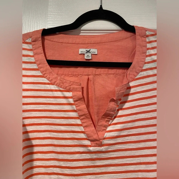 L.L. Bean Coral White Stripe Roll Tab Sleeve Split Neck Pullover Top Size XS - Picture 2 of 9